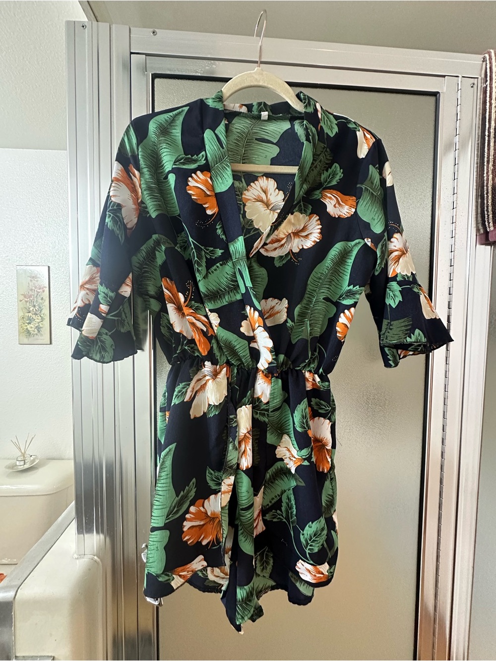 Tropical Floral Black Romper with Green Leaves
